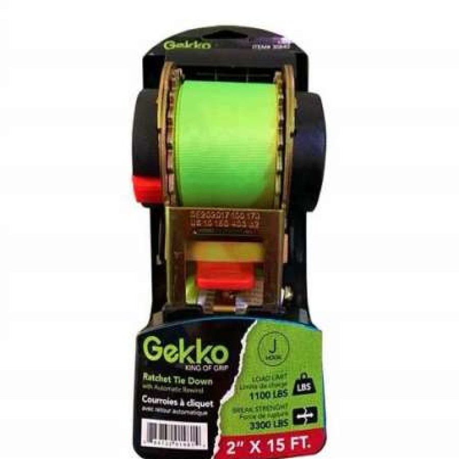 Builders Hardware * | Gekko Ah-606 2 In. X 15 Ft. 1,100 Lb. Working Load Limit Spring Retractable Ratchet Tie Down Strap With J-Hooks