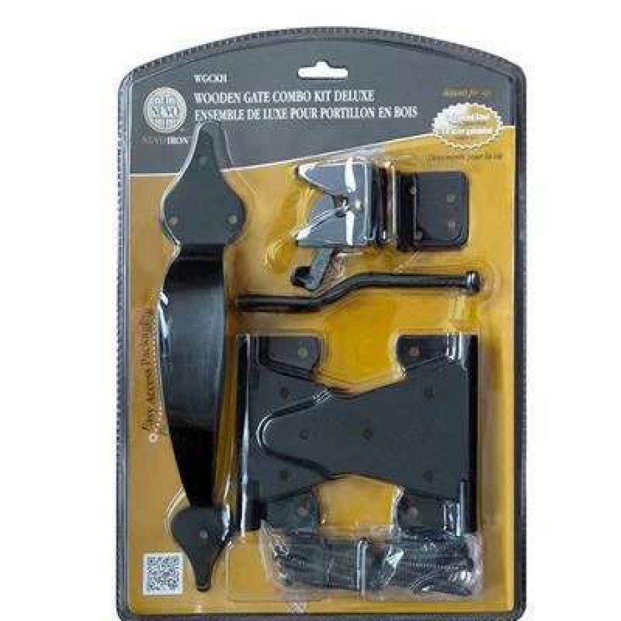 Builders Hardware * | Nuvo Iron Wgckh Black Metal Wooden Fence And Gate Handle Latch And Hinge Combo Kit